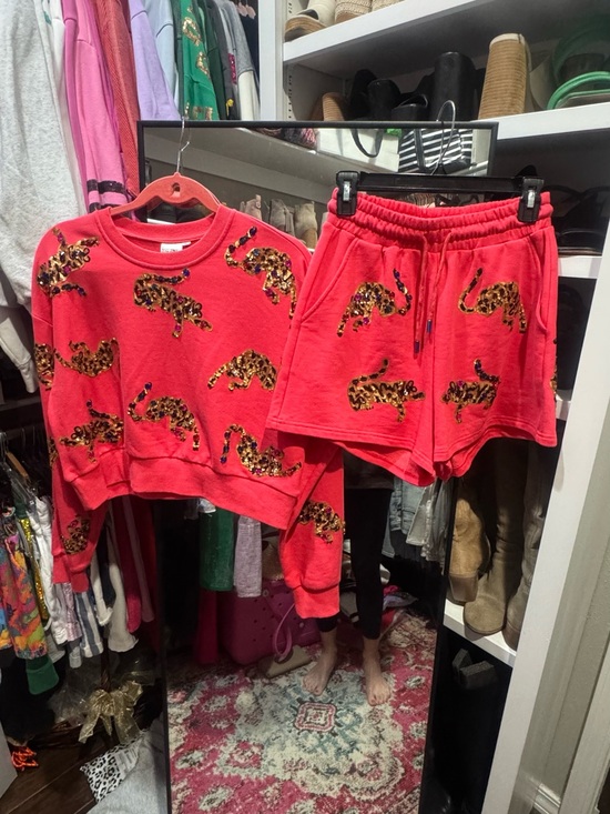 QUEEN OF SPARKLES Tops - QUEEN OF SPARKLES Red Leopard Sequin Sweatshirt & Shorts Set